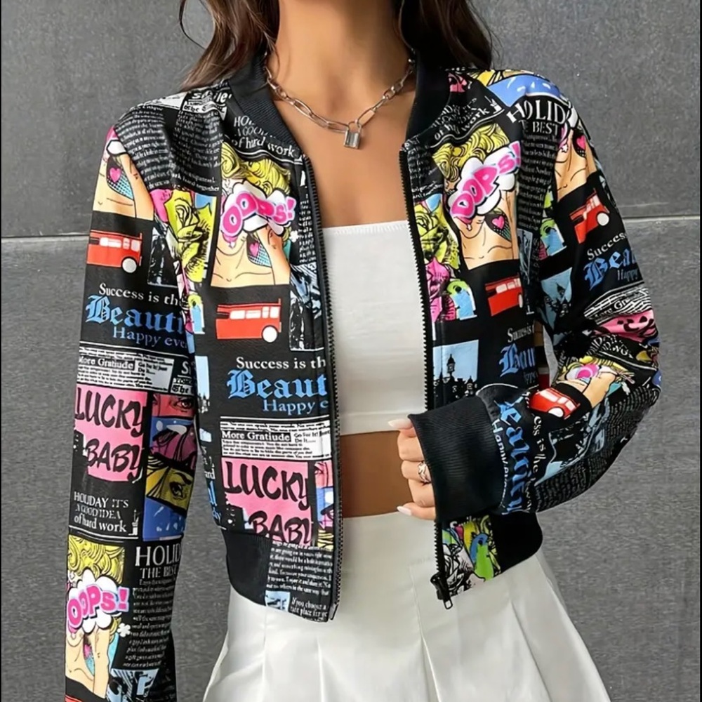 Pop Art Zip-up Jacket, Long Sleeve Crop Jacket Street Wear whimsical goth - Picture 1 of 6